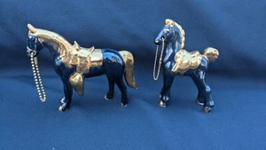 Pair of Attractive Black Ceramic Horses Gold Paint - Picture 1 of 9