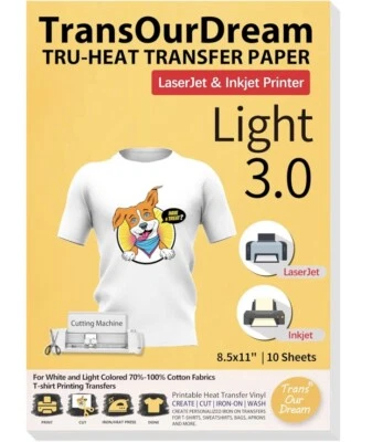 TRANSOURDREAM Heat Transfer Paper for T Shirts 10 Sheets 8.5x11" Light 3.0 Printable Heat T...