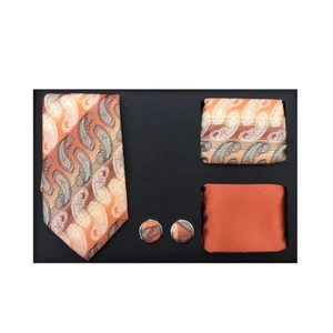 Nuevo Formal Hombres Corbata Delgada 2 Pañuelos Gemelos Conjunto de Regalo Paisley Cobre Gris - Imagen 1 de 3