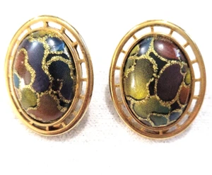 Vintage Gold Tone w/Multi Colors  & Glitter Enamel Clip On Oval Shape - Picture 1 of 3