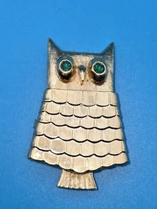 Vintage 1969 Avon Owl Solid Glace' Perfume Locket Pin Brooch Grn Rhinestone Eyes - Picture 1 of 4