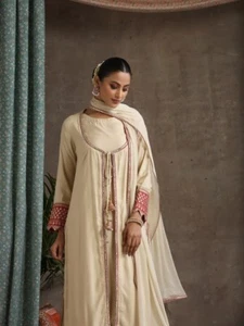 Women Geometric Embroidered Mirror Work A-Line Kurta With Sharara & Dupatta Set - Picture 1 of 8