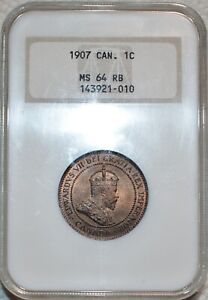NGC MS-64 RB 1907 Canadian Cent, Frosty, Red-Brown, Scarce date!