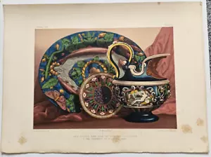 1858 ART TREASURES BOOK Exhibition CERAMIC Chromo Print PALISSY WARE EWER DISH - Picture 1 of 5