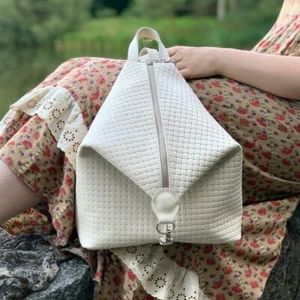 Handmade Women's GENUINE Leather Ivory Backpack Woven Embossing Laidies Bag - Picture 1 of 16
