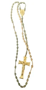 Miraculous Medal Macrame Rosary Beads Virgin Mary Gold Tone Olive Ombre VTG 70's - Picture 1 of 10