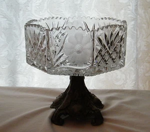 Vintage Lead Crystal Compote Dish - Brass Pedestal / Signed - Candy / Fruit Bowl - Picture 1 of 4