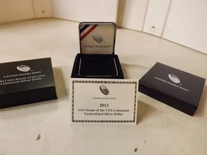 2013 CAJA VACÍA con certificado de autenticidad sin moneda OGP Girl Scouts centenario prueba dólar de plata - Imagen 1 de 10