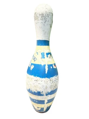 Vintage Blue And White Striped Bowling Pin Wooden Plastic Coated Made In USA - Image 1 of 4