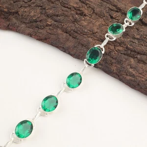 Sterling Silver Oval Natural Green Emerald Anniversary Chain Party Wear Bracelet - Picture 1 of 8