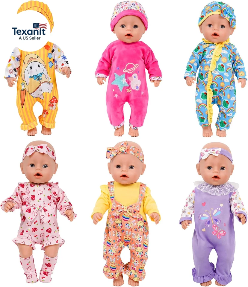 6 Sets 14-16 Inch Baby Doll Clothes, New Born Doll Outfits with Rompers & Access