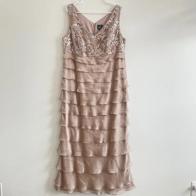 Adrianna Papell Dress Women 16W Champagne Sequin Ruffle Maxi Cocktail Party MOB - Image 1 of 4