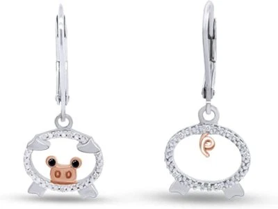 Real Black & White Round Diamond Accents Pig Dangle Earrings 925 Sterling Silver - Image 1 of 4