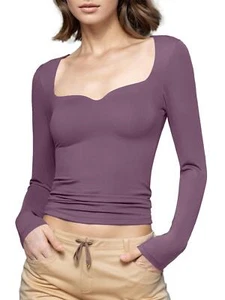 Women's Long Sleeve T Shirts Sweetheart Neck Slim Fit Tops Sexy Basic Tee NEW - Picture 1 of 11