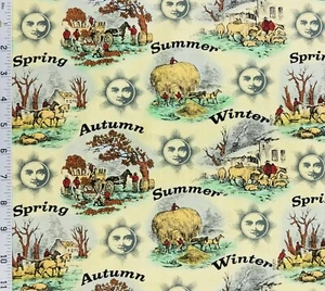 Old Farmers Almanac Sykel Cotton Fabric Floral Seasons Etchings - Picture 1 of 2