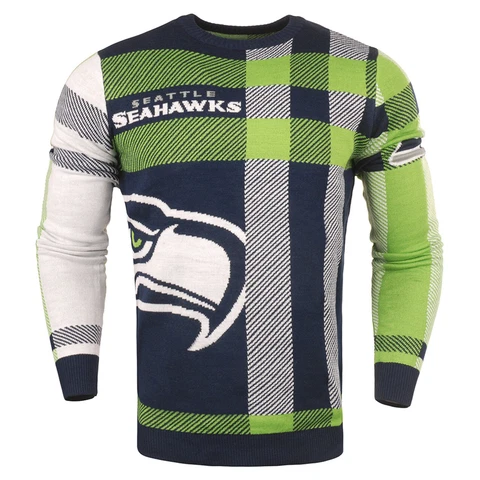 Seattle Seahawks Men's Plaid Crew Neck NFL Ugly Sweater Cover