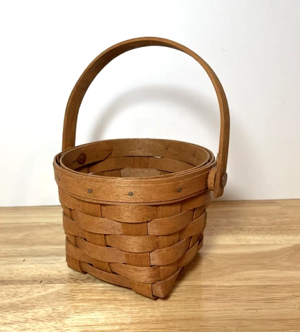 Vintage Wooden Woven Longaberger Basket W/ Handle Signed Made in Ohio Cover