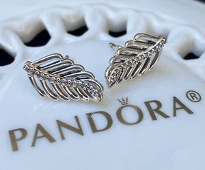 Authentic Pandora Shimmering Feathers Stud Earrings #290582CZ - Picture 1 of 7