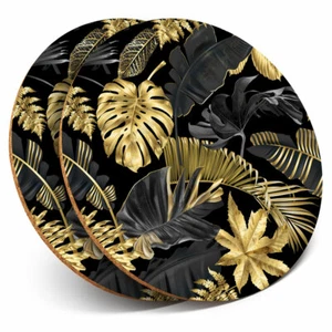 2 x Coasters - Gold & Black Tropical Leaf Print Home Gift #24546 - Picture 1 of 8