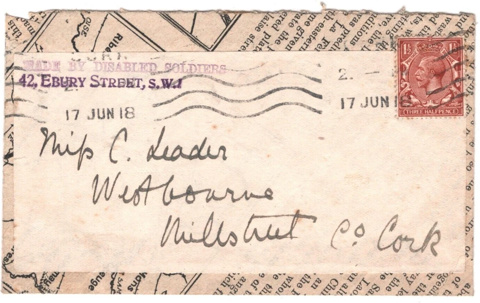 GB WW1 IRELAND Cover Cork *MADE BY DISABLED SOLDIERS* Violet Cachet 1918 KA37 - Image 1 of 4