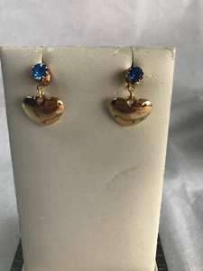 EARRINGS WITH BLUE RHINE STONE ON GOLD TONE , STUD, APP. 11/2" GOOD CONDITION - Picture 1 of 2