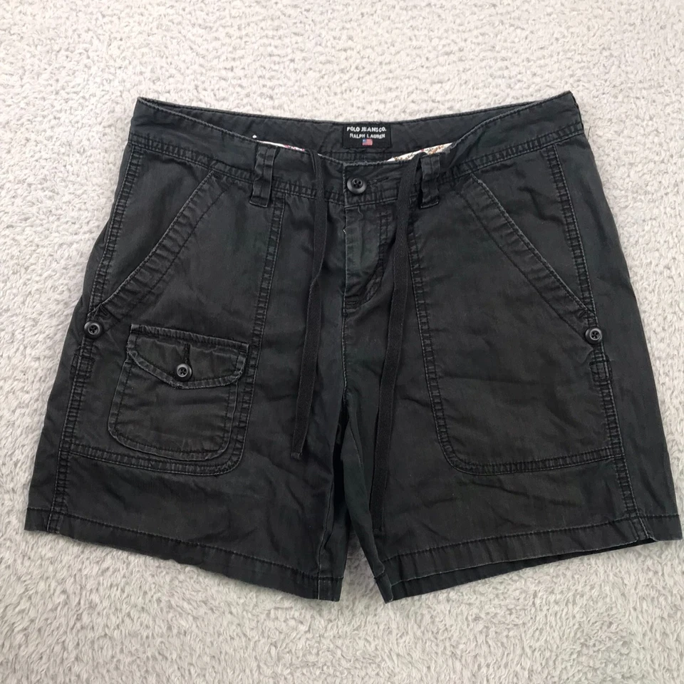 Vtg Polo Jeans Co Ralph Lauren Cargo Shorts Womens 8 Black Drawstring 7" Denim - Image 1 of 4