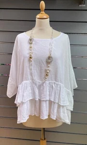 NEW RITAITALIAN QUIRKY "BOHO"LAYERED BOXY Linen double FRILL HEM TOP 12-18 OSFA - Picture 1 of 2