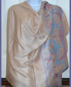 Chal de mezcla de seda de diseño floral Pashmina, estola, envoltura beige con borde de paseo en camello - Imagen 1 de 5