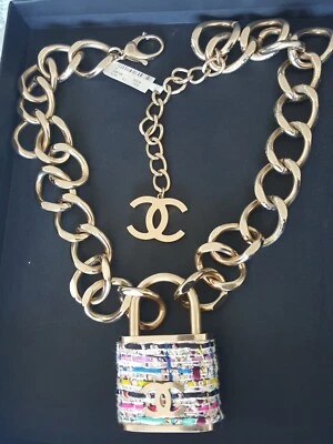 CHANEL Tweed Padlock 2014 Runway Gold CC Lock Chain Necklace NWT - Image 1 of 3