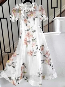 Zimmermann Natura Liftoff Flower Midi Dress Linen - Silk Floral Appliques Sz 0P - Picture 1 of 15