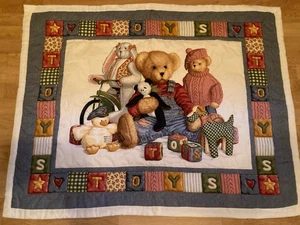 Hand Quilted Blue Jean Teddy Bear Toys Blocks Quilt Baby Crib Blanket Nursery - Picture 1 of 7