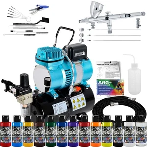 MASTER Dual Action Airbrush & Compressor Kit 12 Wicked Paint Colors Hobby Art - Picture 1 of 5