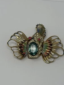 Vintage Corocraft Sterling Silver Rock Fish Enamel Pavé Rhinestone Brooch Pin - Picture 1 of 10