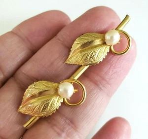 Vintage echte Perlen Blätter Stiel goldfarben Pin 2-3/4" - Bild 1 von 6