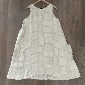 Eskandar 100% Linen Sleeveless Midi Dress in Beige Cream Print Size 1 / Large - Picture 1 of 9