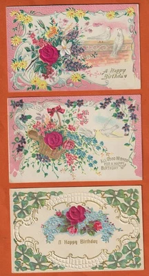 Three Embossed Birthday Postcards, Roses, Doves Shamrocks, C.1908 - Image 1 of 2