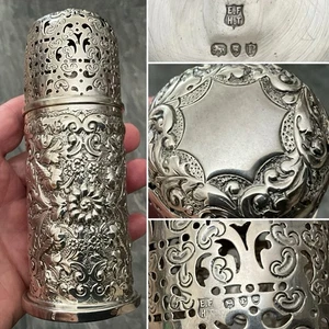 "ANTIGUA COCTELERA DE AZÚCAR DE PLATA ESTERLINA MUFFINIERE TAPA PERFORADA EN RELIEVE C1890 5,25""" - Imagen 1 de 15