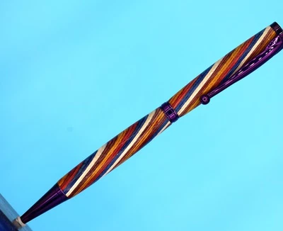 Handcrafted Multicolor Wood Pen – Slim Twist Ballpoint with Purple Clip - Image 1 of 4