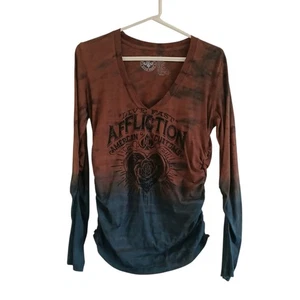 Top Affliction acanalado manga larga para mujer grande marrón azul cuello en V cristales Y2K - Imagen 1 de 5