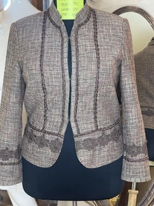 Chaqueta de tweed de lana marrón Coldwater Creek con detalles de encaje L Usada en Excelente Condición - Imagen 1 de 11