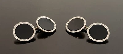 14K Solid Yellow Gold Platinum Art Deco Onyx Cufflinks Chain Link Style - Image 1 of 4