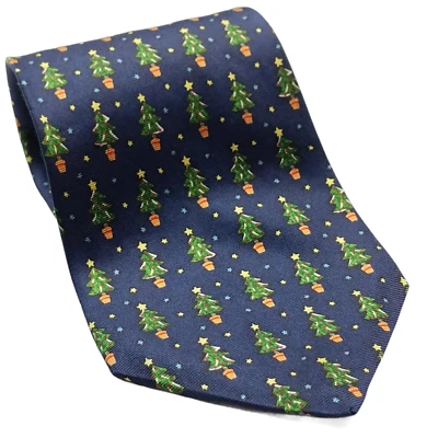 Corbata de seda de novedad con estampado navideño azul árbol de Navidad antiguo azul marino Foto 1 de 4