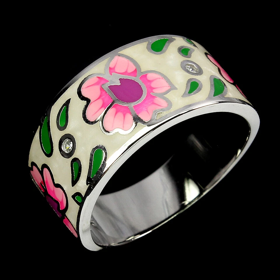 925 Anello Argento Sterling Rotondo AAA Bianco Finto Smalto Gemma Gioielli - Immagine 1 di 4