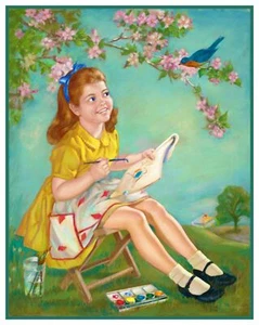Young Girl Paints Blue Bird by Mabel Rollins Harris Counted Cross Stitch Pattern - Picture 1 of 4