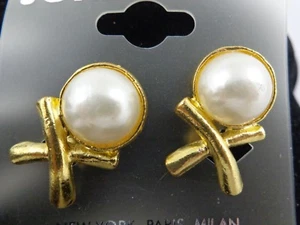 Gold Color Pearl Gem Crossed Sticks Clip On Earrings Jordache One Pair - Picture 1 of 4