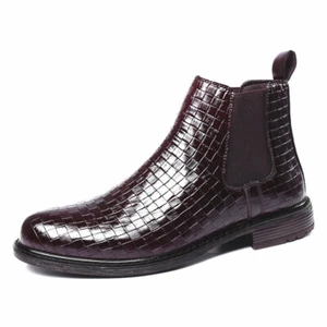 Botas al tobillo formales de cuero sintético tejido de punta redonda de caña alta para hombre - Imagen 1 de 16