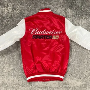 Budweiser Starter Jacket Mens Small S Red White Satin Bomber Black Label Lined - Picture 1 of 20