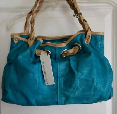 ROBERTA GANDOLFI Aqua Leather Shoulder Handbag Satchel Tote Braided Handles  NWT - Image 1 of 4