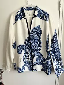 Chicos XL Size 3 Linen Jacket Blue Paisley Optic White Button Up Floral NEW - Picture 1 of 5