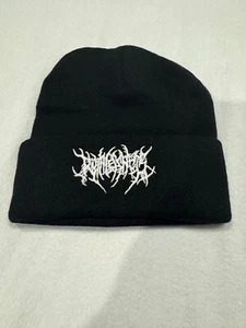 Gothic Knitted Beanie Hat Embroidered Black w/White Color Emblem - Picture 1 of 4